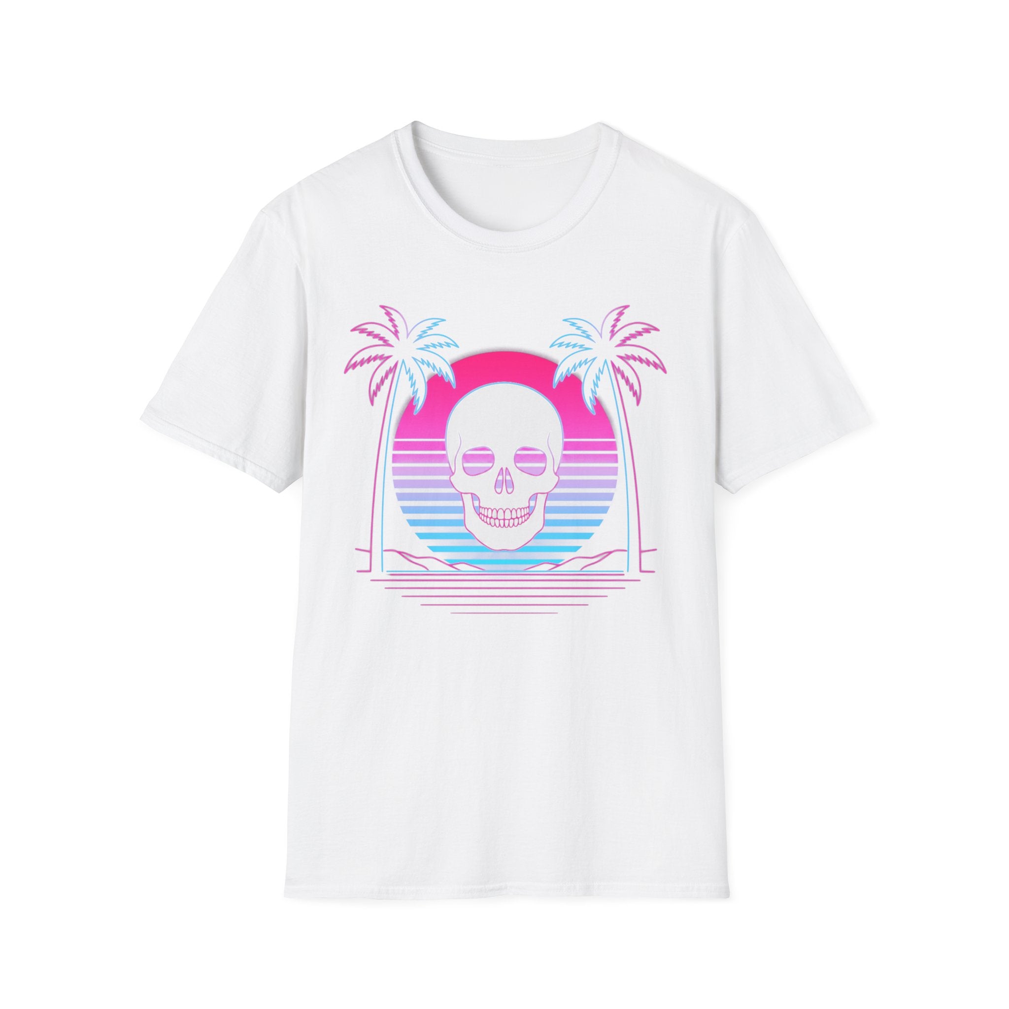 White T-shirt with vaporwave skull graphic, palm trees and sunset arch design