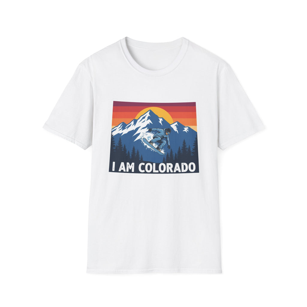 White T-shirt with “I AM COLORADO” mountain sunset graphic featuring a wolf and bear