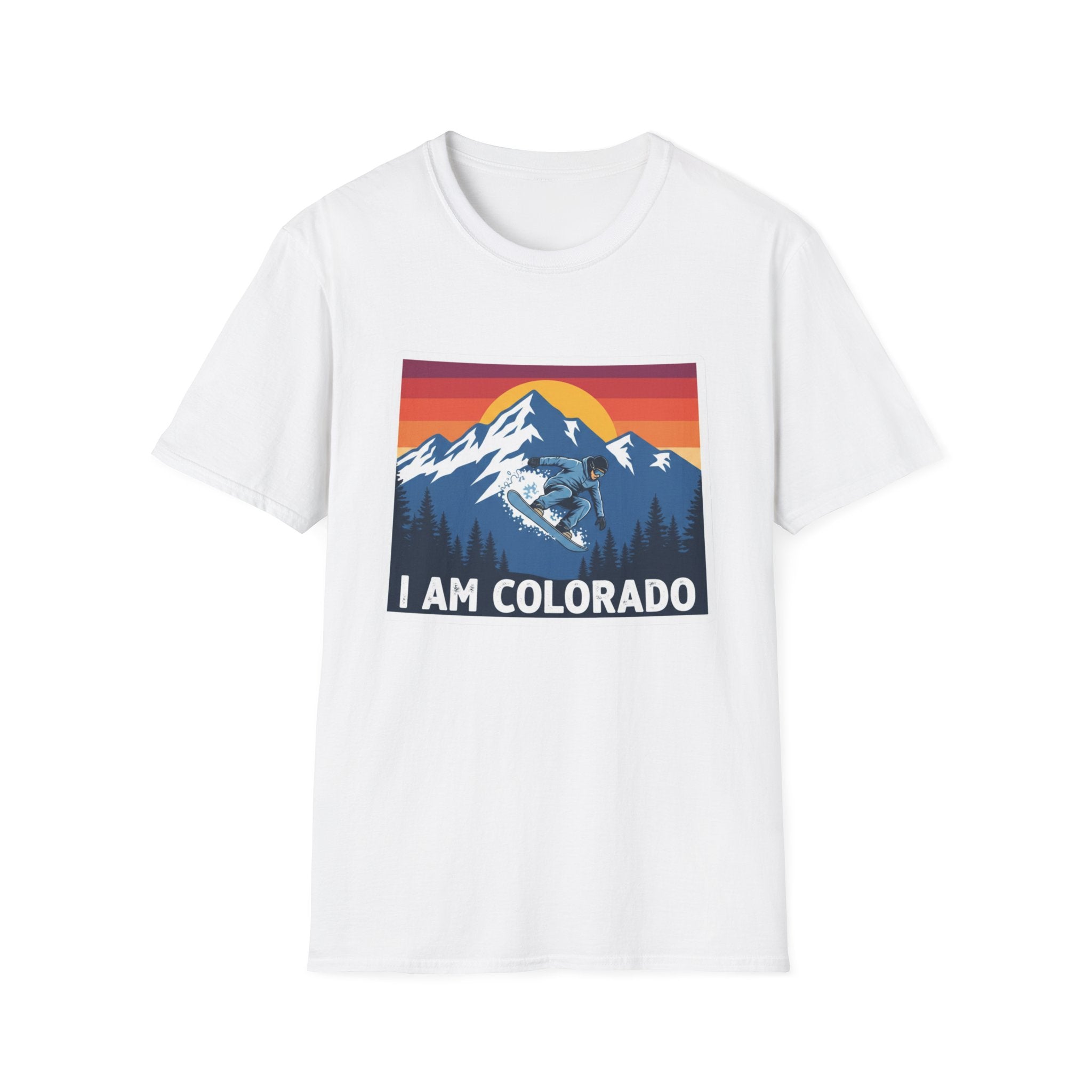 White T-shirt with “I AM COLORADO” mountain sunset graphic featuring a wolf and bear