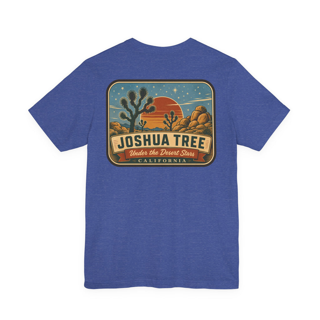 Royal blue crew-neck T-shirt with large Joshua Tree desert landscape graphic