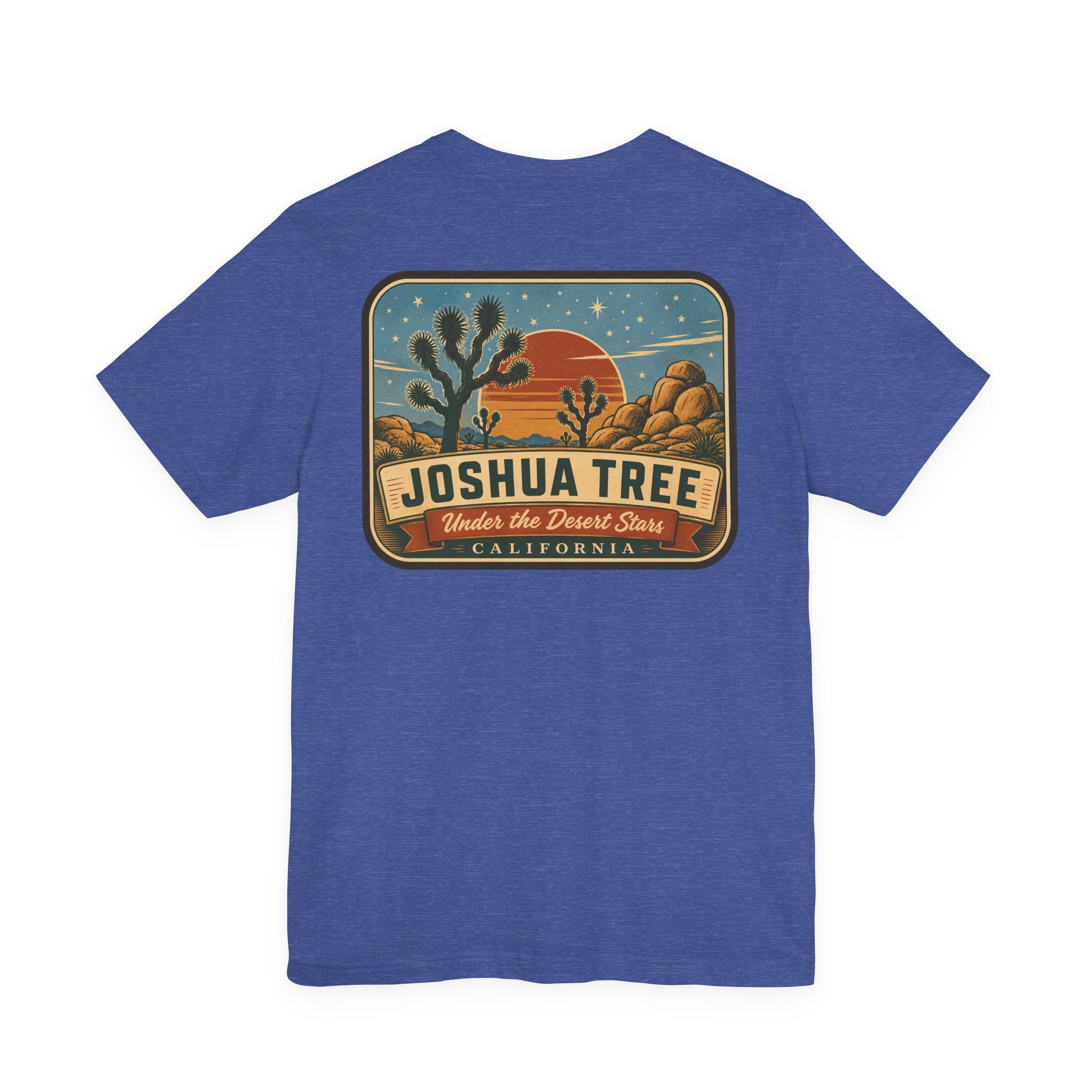 Royal blue crew-neck T-shirt with large Joshua Tree desert landscape graphic