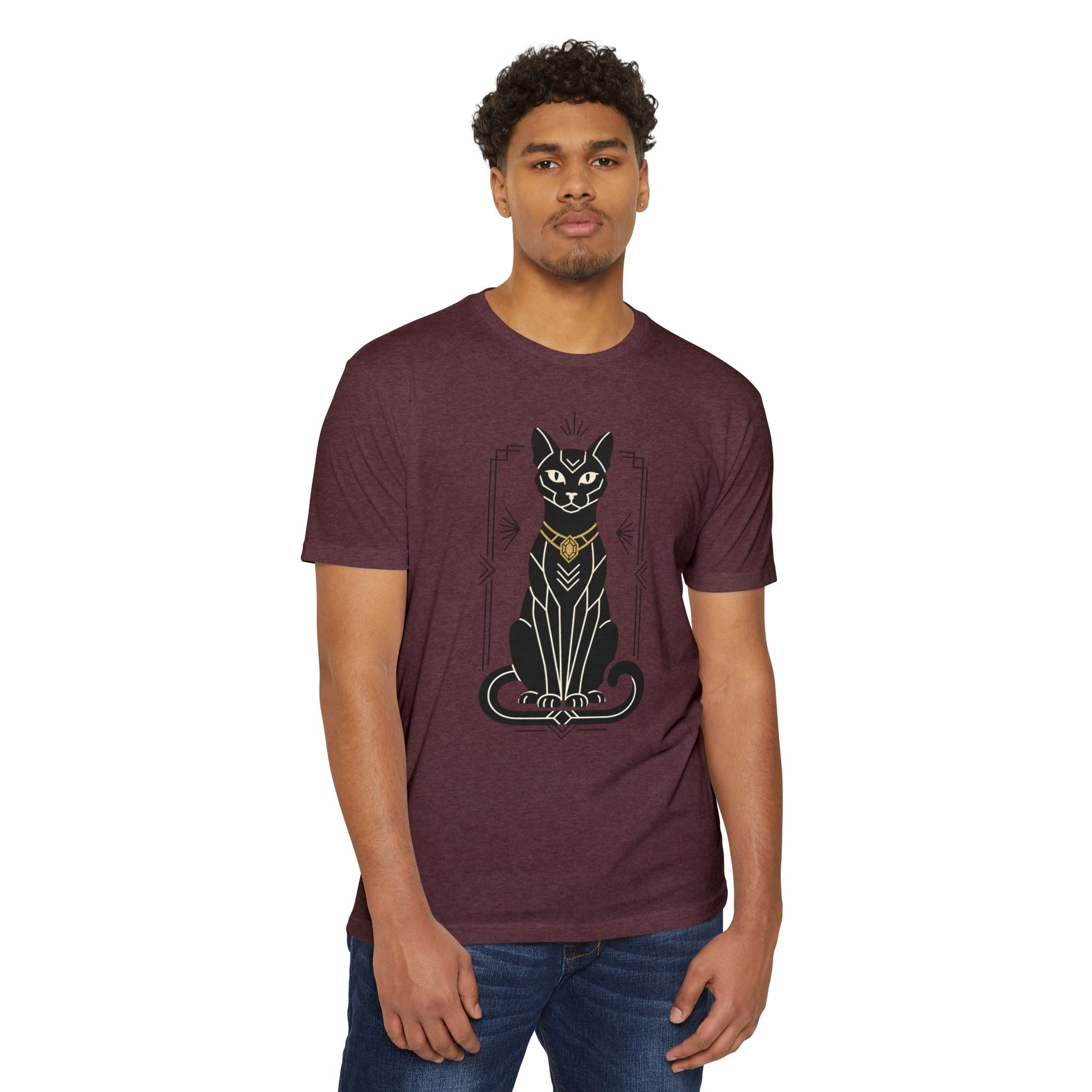 Burgundy unisex t-shirt with black Egyptian cat illustration graphic