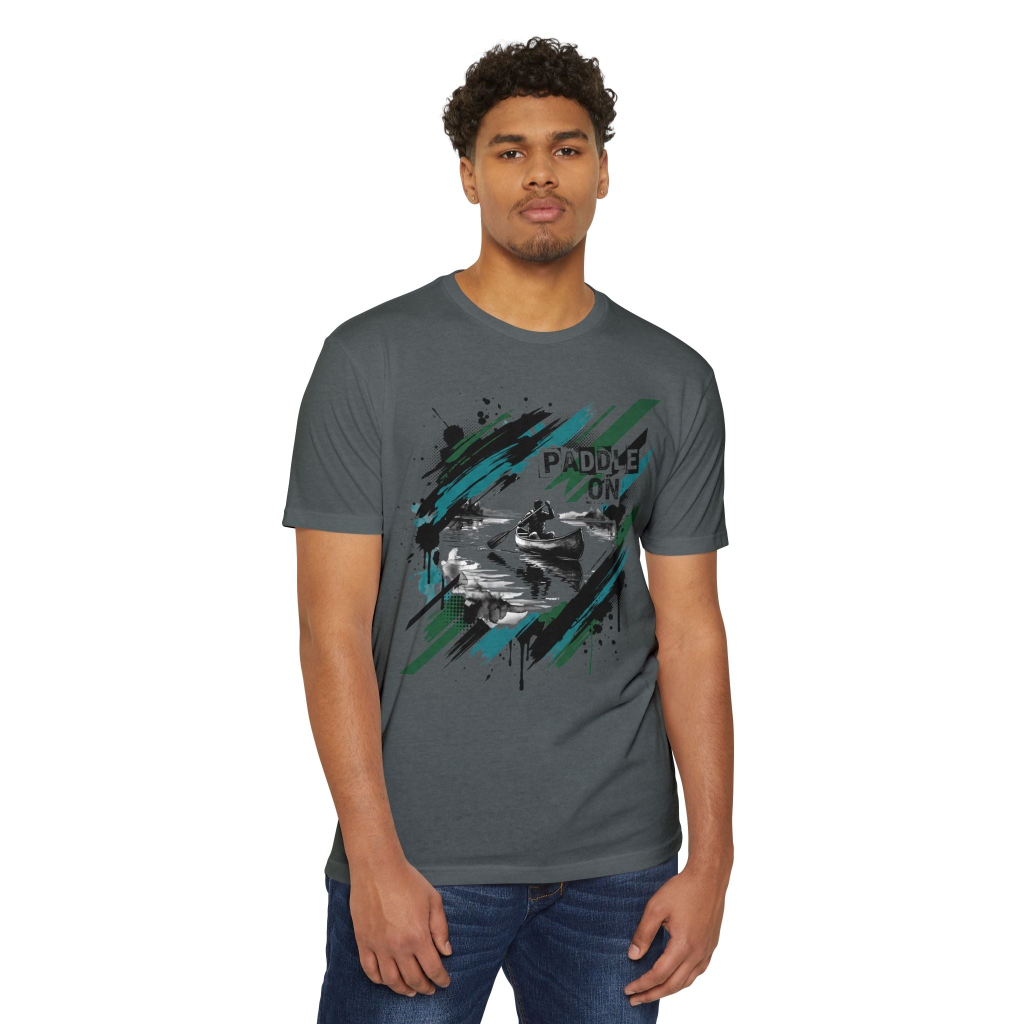 Charcoal crewneck T-shirt with kayaking paddle graphic on the chest.