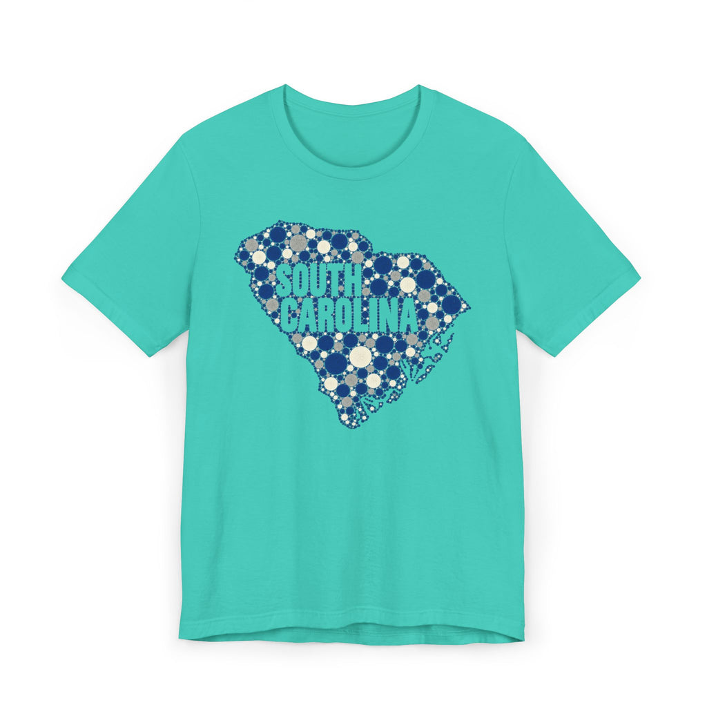 Turquoise South Carolina floral map graphic T-shirt with blue dotted outline and text