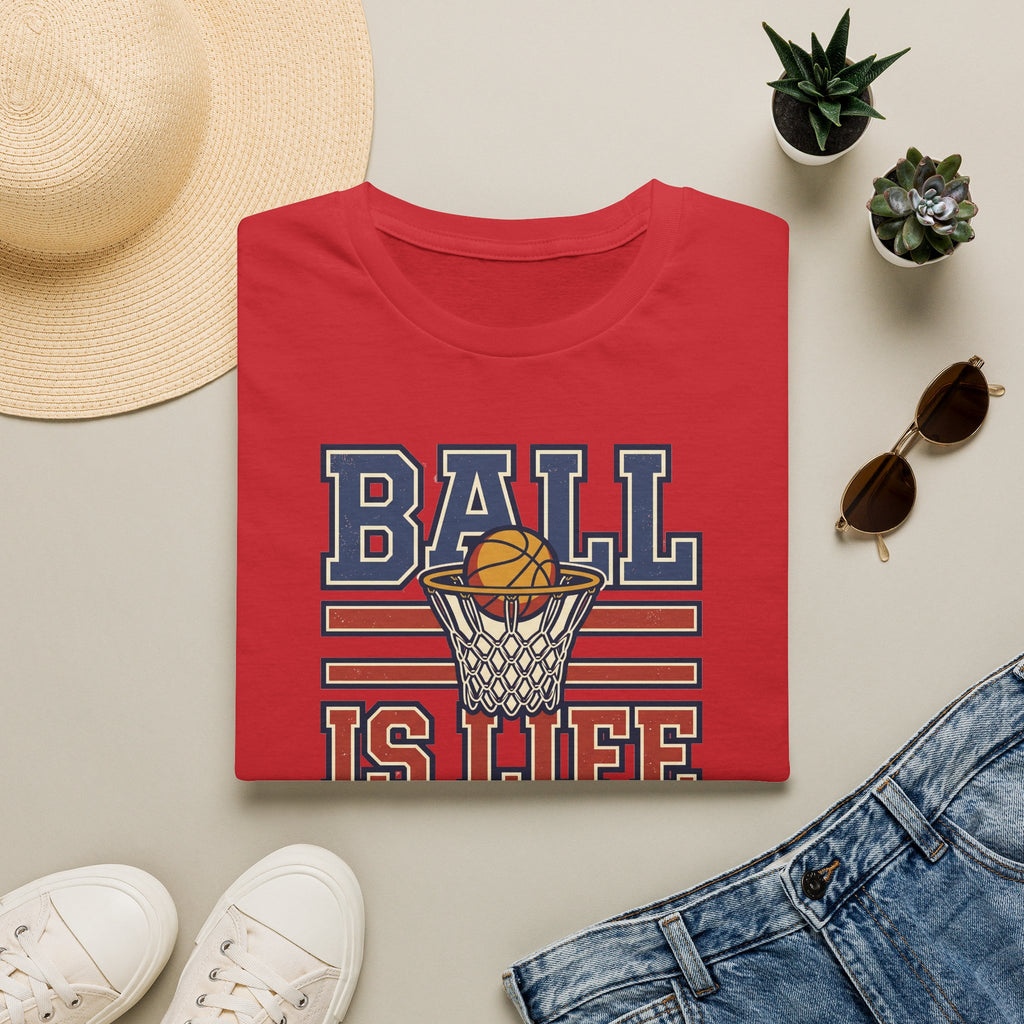 Red basketball T-shirt with hoop graphic and text "BALL IS LIFE"