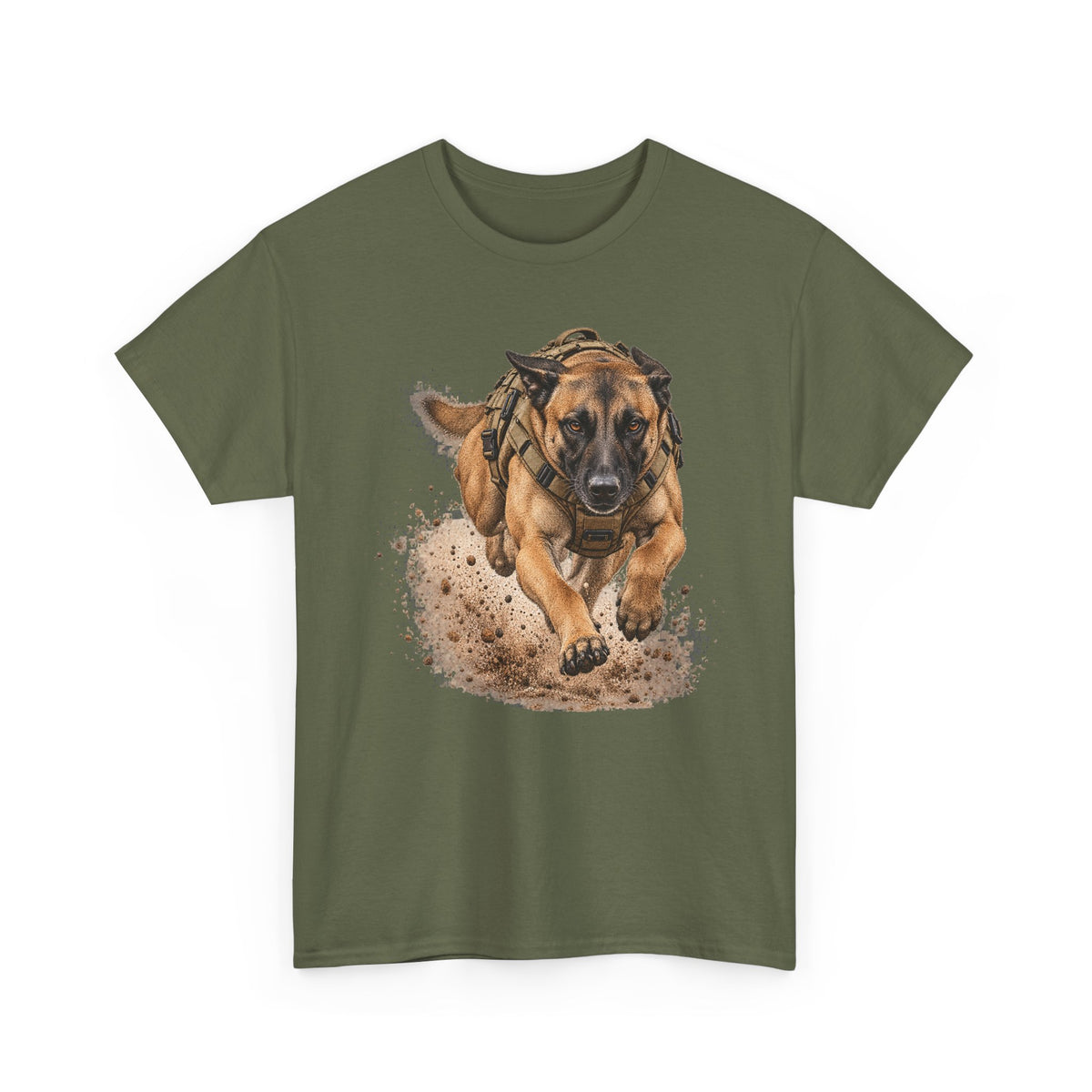Olive green graphic dog t-shirt with running Belgian Malinois print on chest