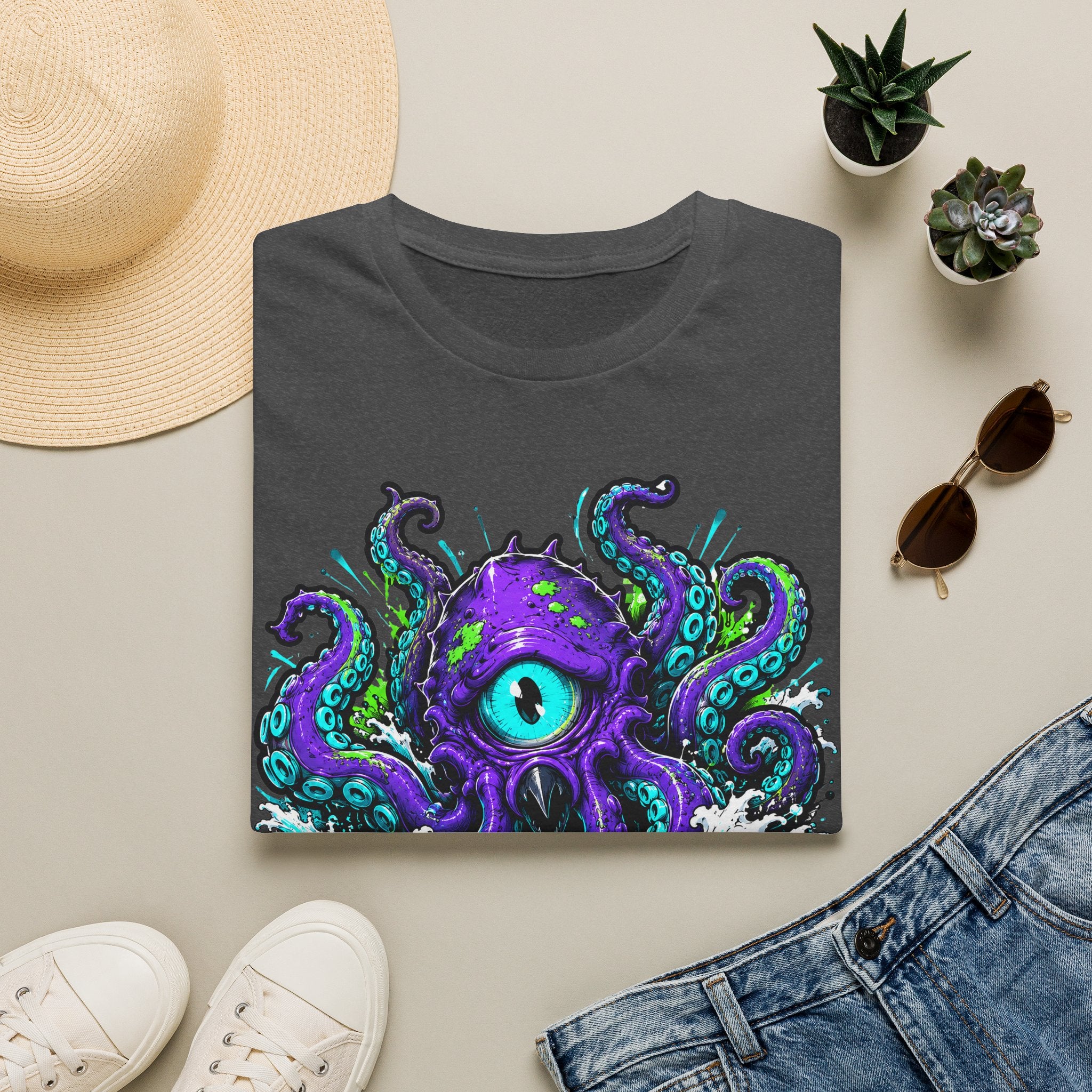 Dark heather gray graphic octopus T-shirt with purple cyclops eye and teal tentacles