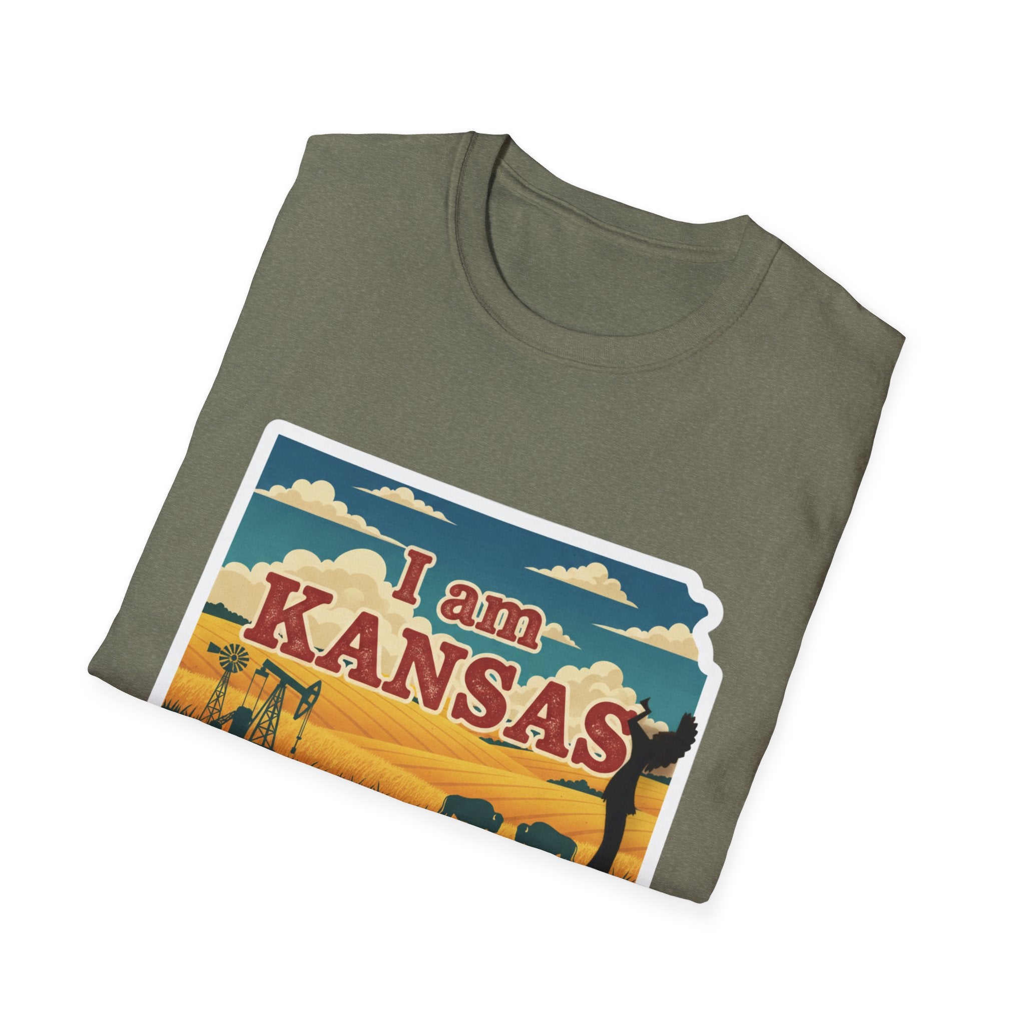 Olive green T-shirt with “I am KANSAS” front graphic