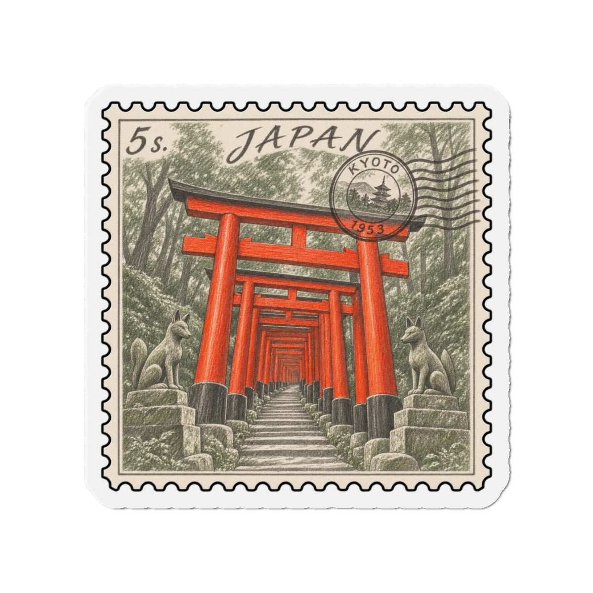 Die-cut stamp magnet with red torii gate in a forest path, gray stamp frame
