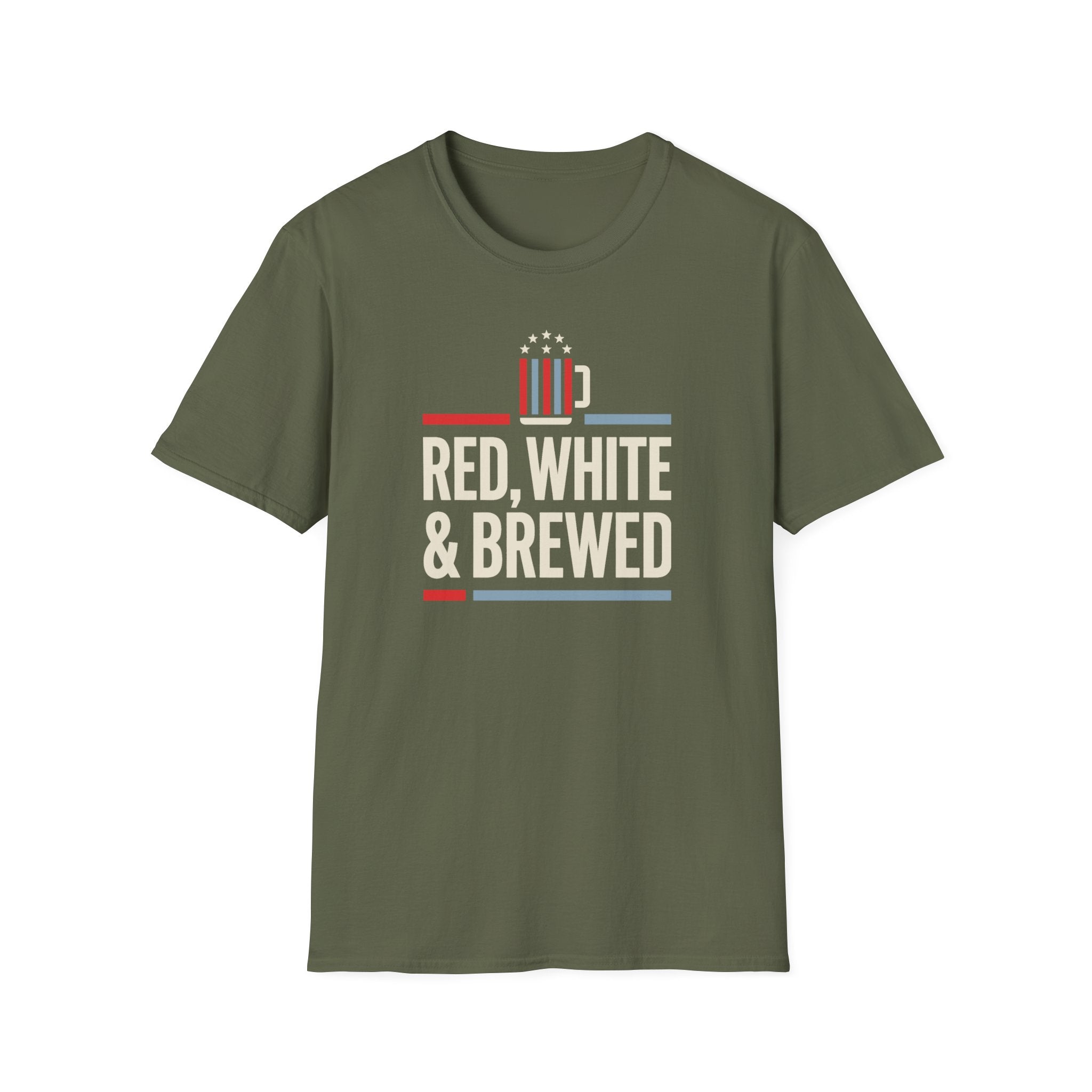 Olive green T-shirt with patriotic beer mug graphic and “RED, WHITE & BREWED” text
