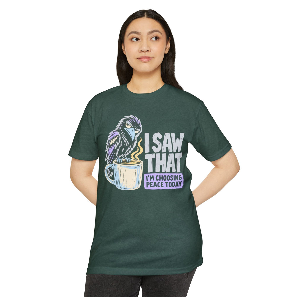 Dark green crewneck T-shirt with raven coffee graphic and peace message on front