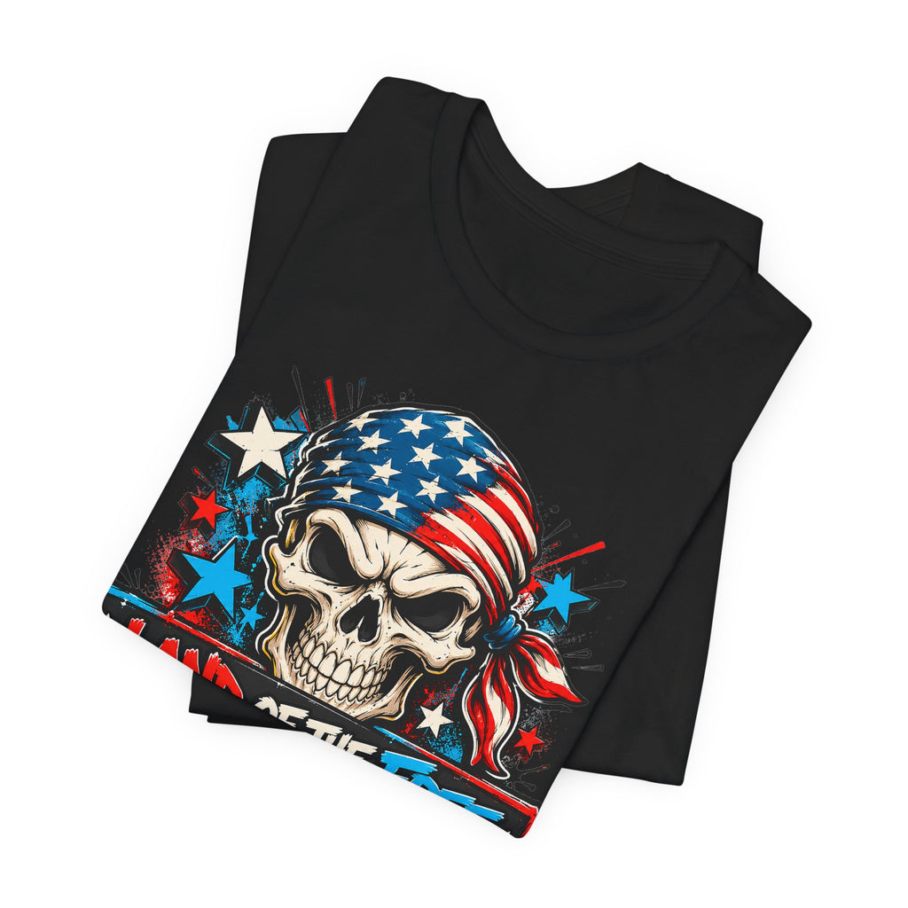 Black T-shirt with patriotic skull and flag graphic on the front