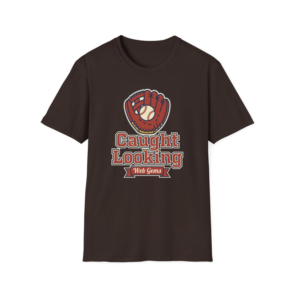 Dark brown baseball t-shirt, front view, with “Caught Looking” glove graphic