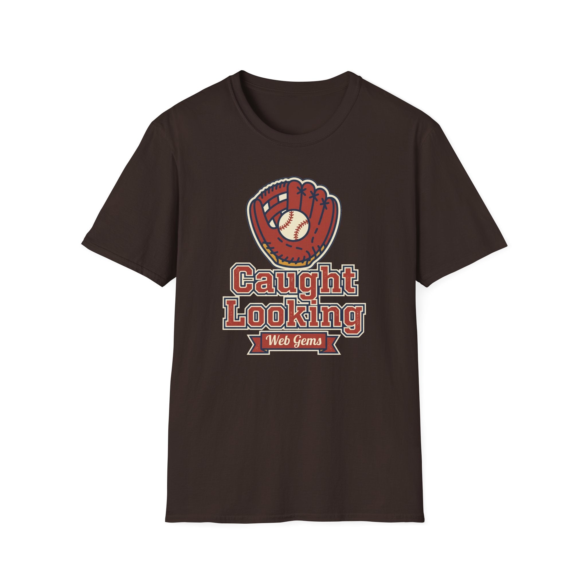 Dark brown baseball t-shirt, front view, with “Caught Looking” glove graphic