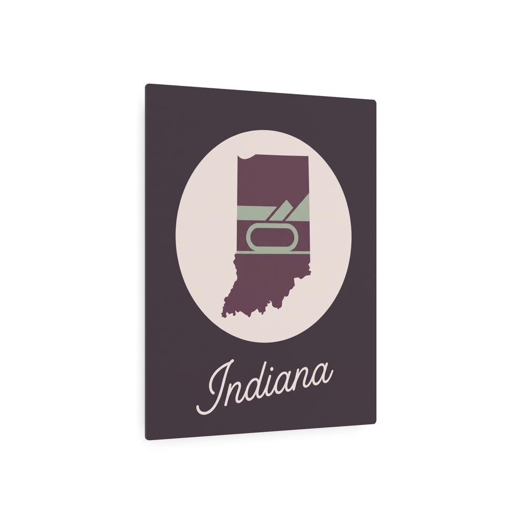 Indiana metal wall art square plaque with plum state emblem, cream circle, and 'Indiana' script