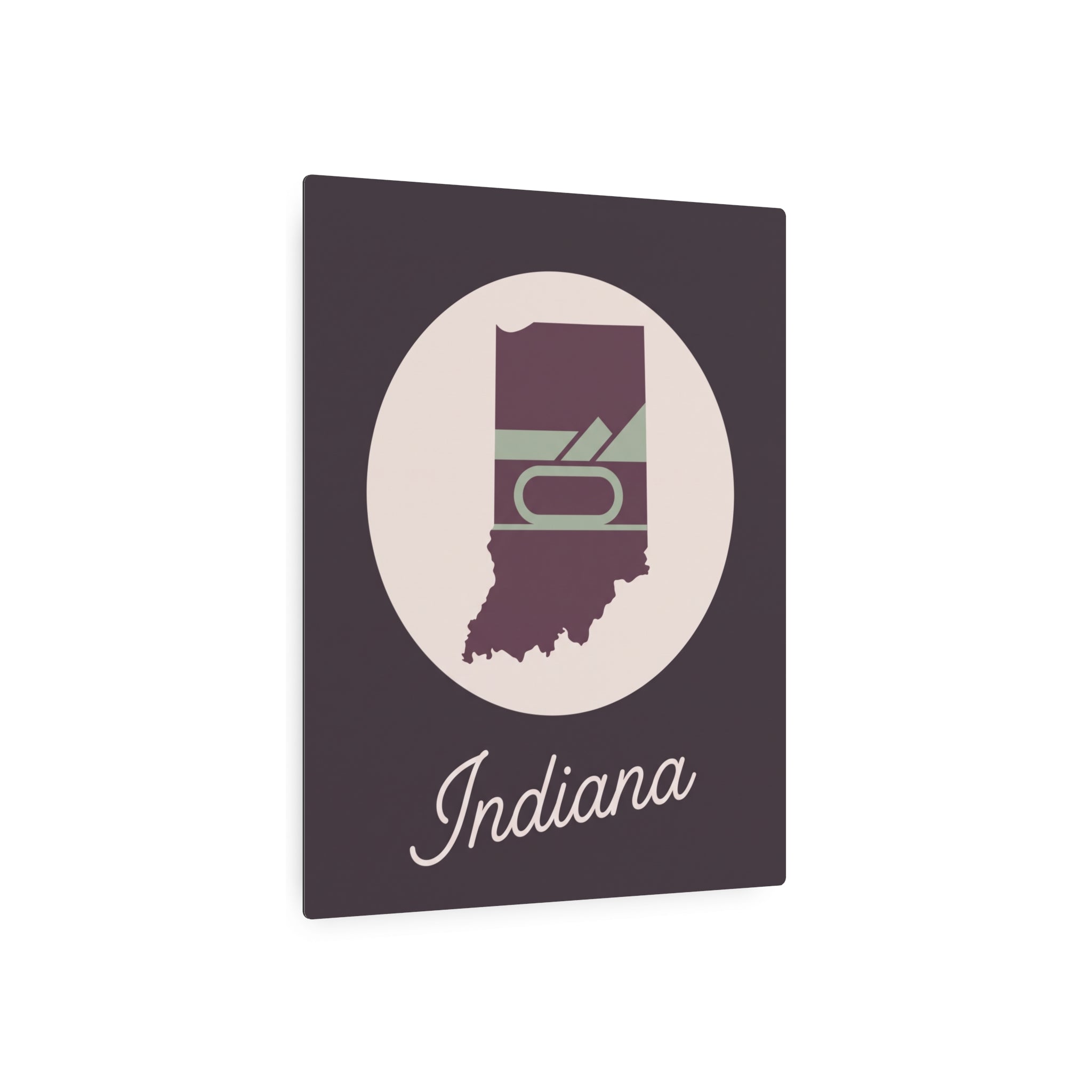 Indiana metal wall art square plaque with plum state emblem, cream circle, and 'Indiana' script