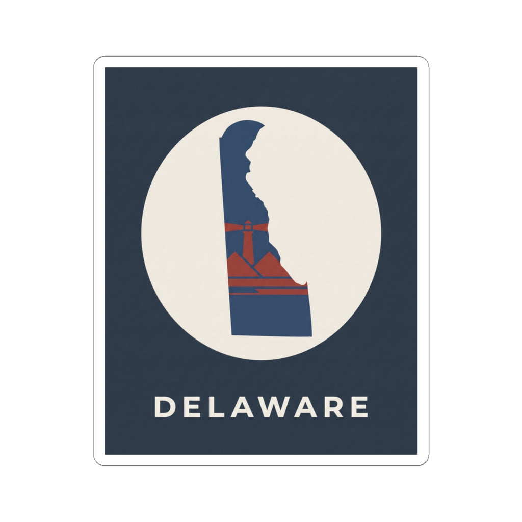 Kiss-cut Delaware state silhouette sticker with 'DELAWARE' text, blue/red design in white circle
