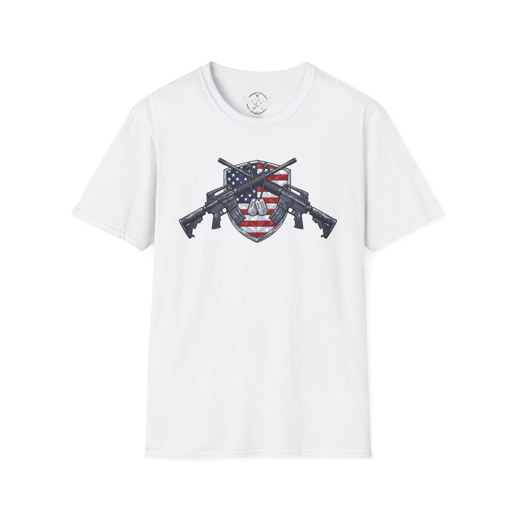 American flag skull shield T-shirt with crossed rifles, white base