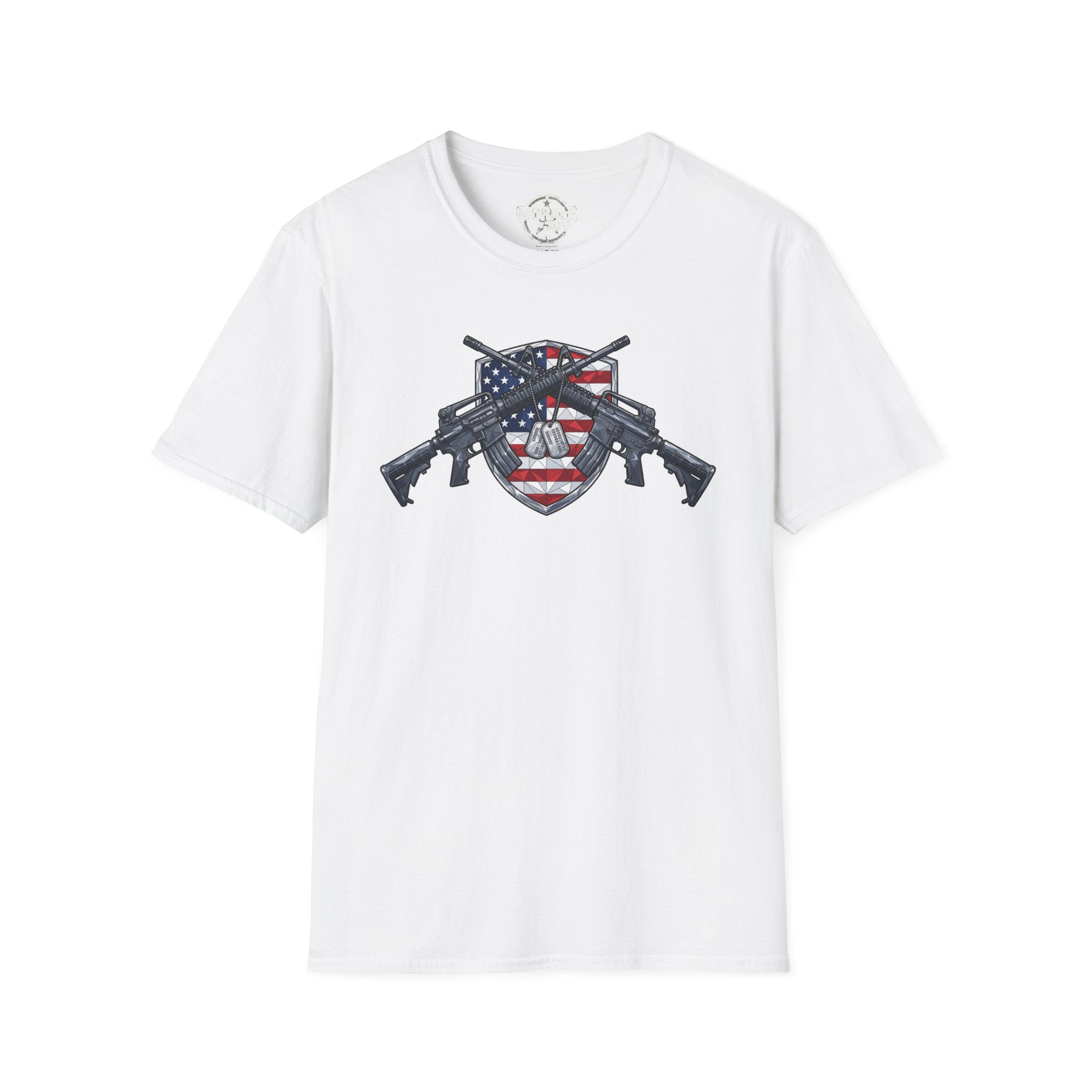 American flag skull shield T-shirt with crossed rifles, white base