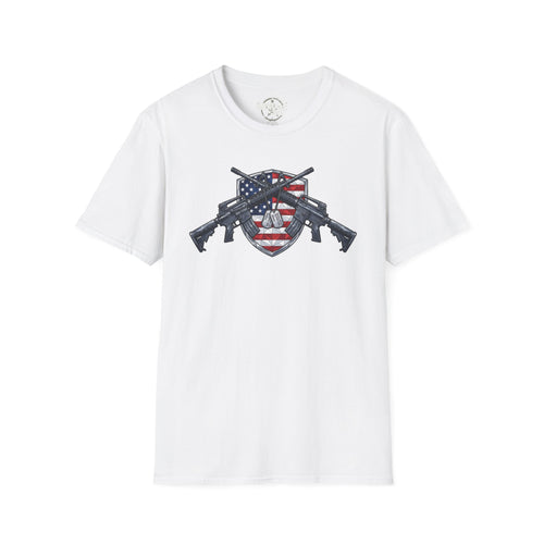 American flag skull shield T-shirt with crossed rifles, white base