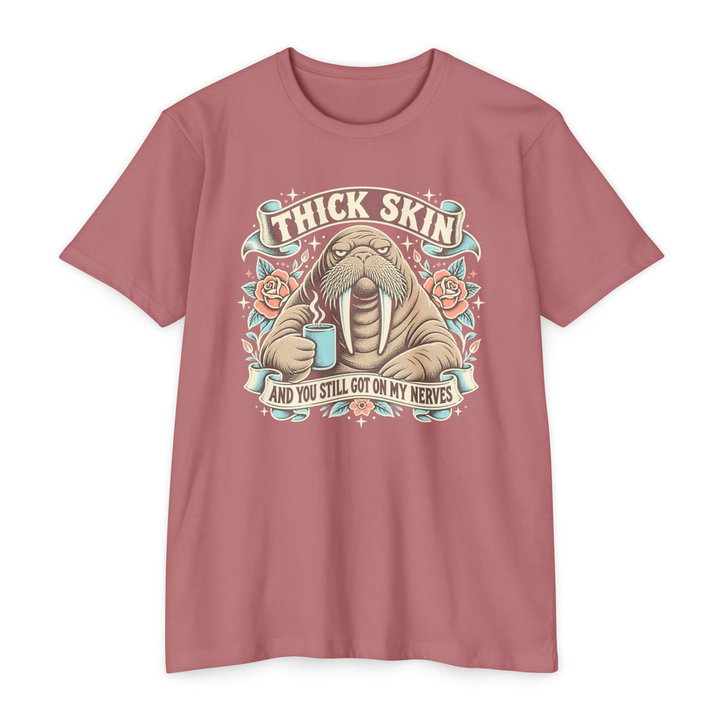 Dusty rose crewneck T-shirt with walrus coffee graphic front print