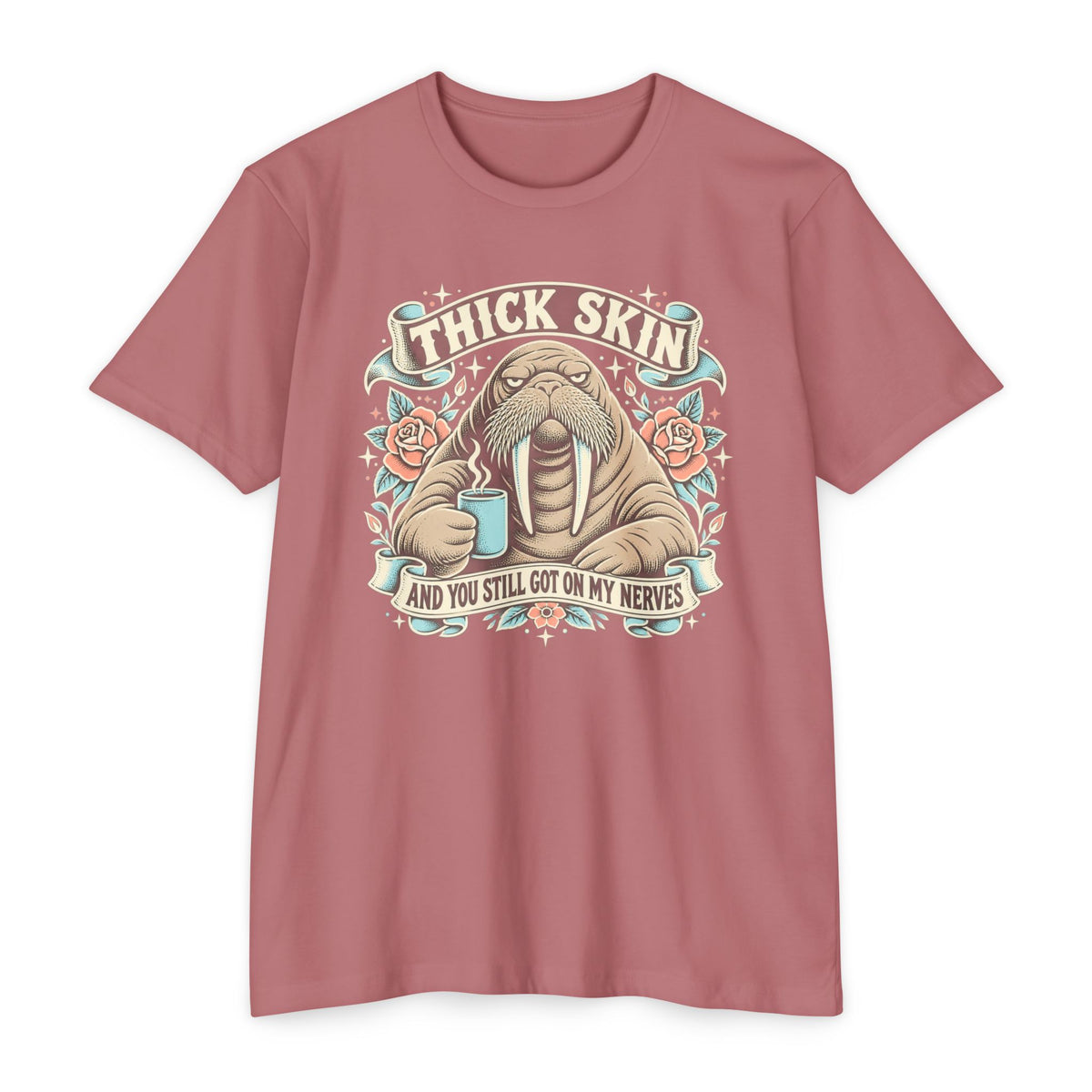 Dusty rose crewneck T-shirt with walrus coffee graphic front print