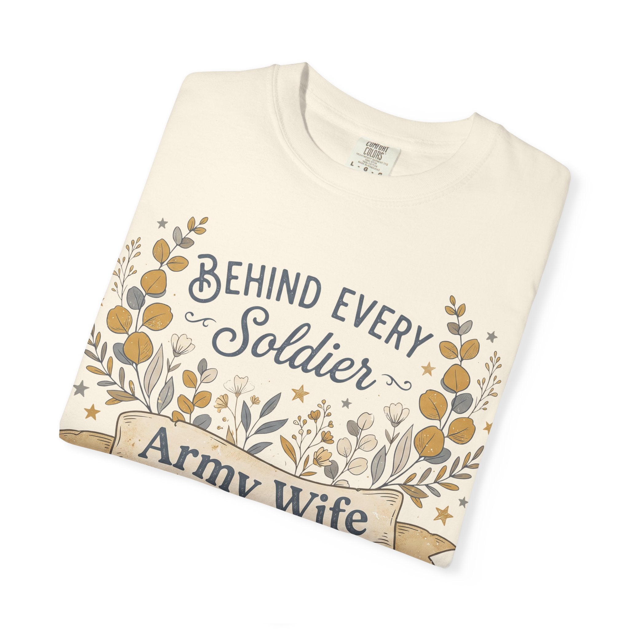Ivory T-shirt with floral wreath graphic and 'Army Wife' banner on front