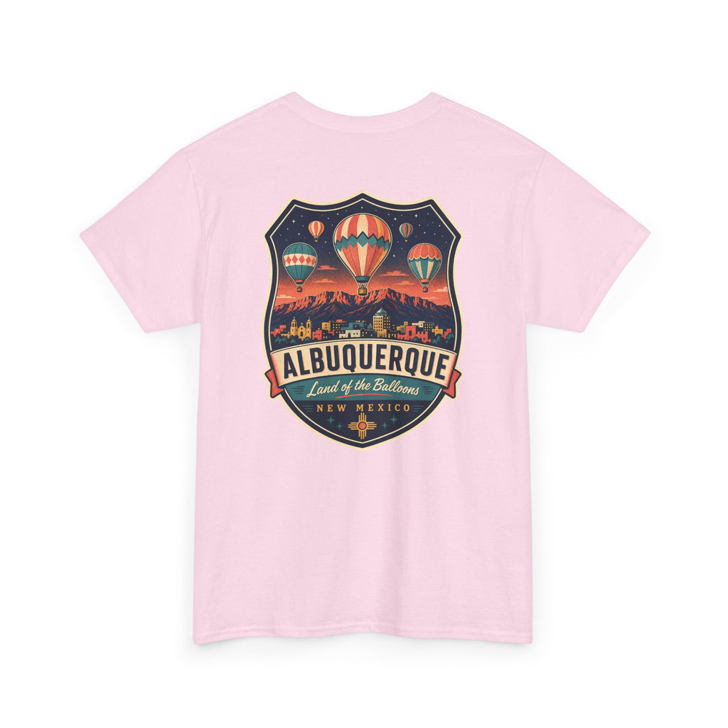 Light pink T-shirt with Albuquerque hot air balloon badge graphic on chest