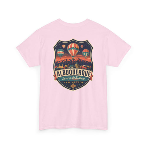 Light pink T-shirt with Albuquerque hot air balloon badge graphic on chest