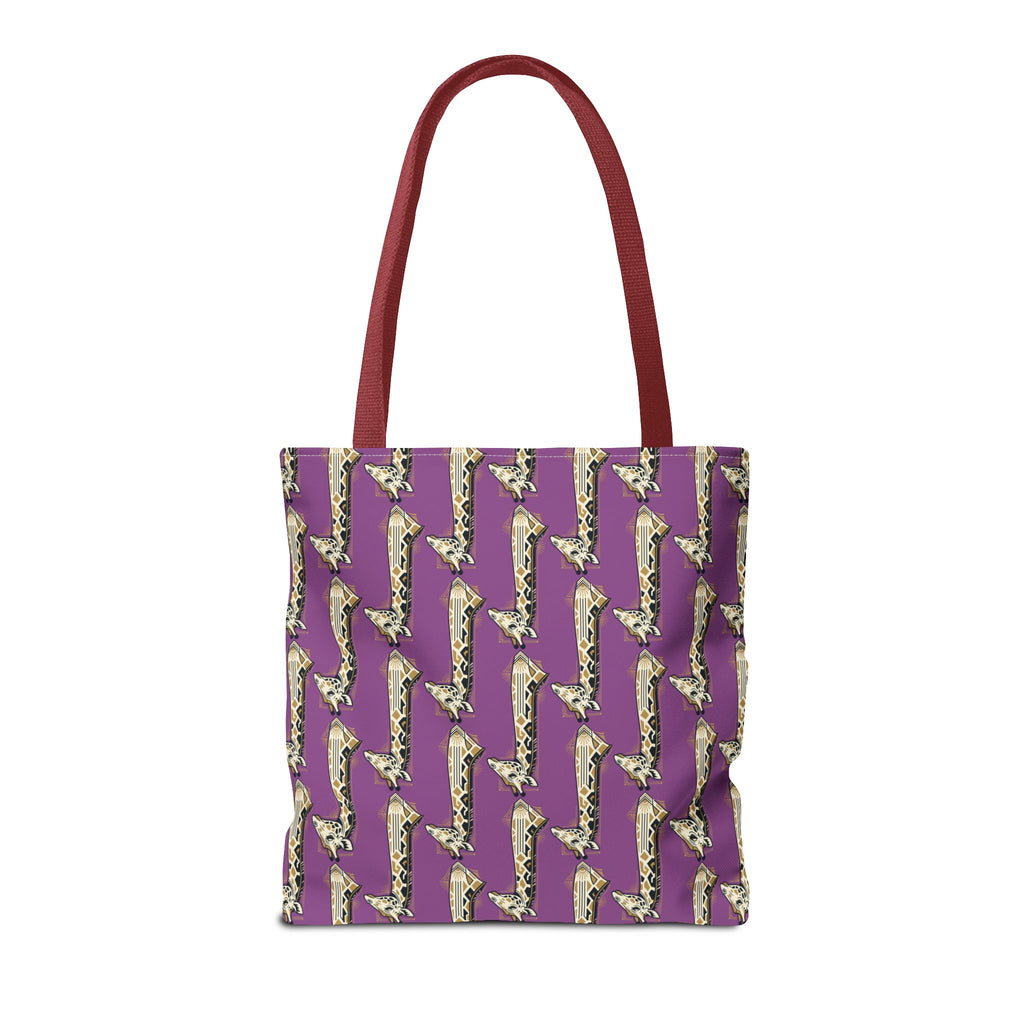 Purple tote bag with saxophone pattern, red top handles, front view.