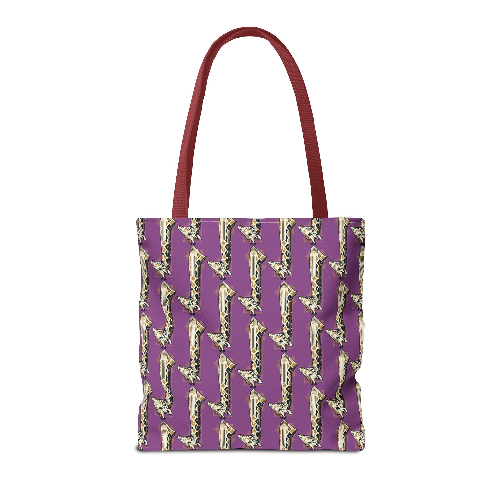 Purple tote bag with saxophone pattern, red top handles, front view.