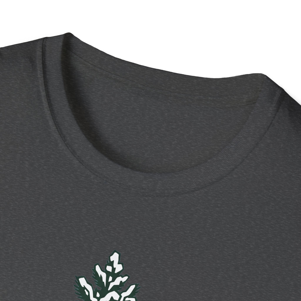 Dark gray T-shirt neckline with part of the snowy pine tree graphic print