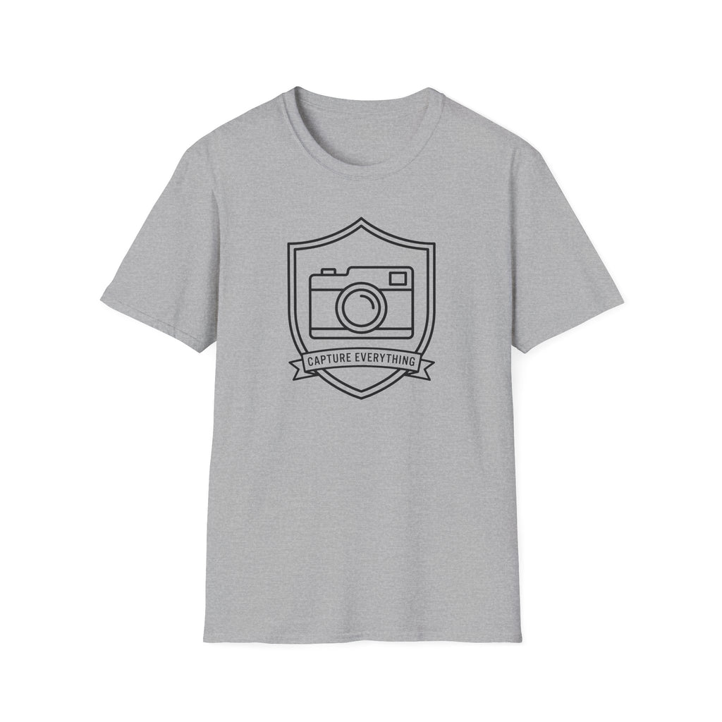 Sport gray T-shirt with front graphic of a camera inside a shield and banner
