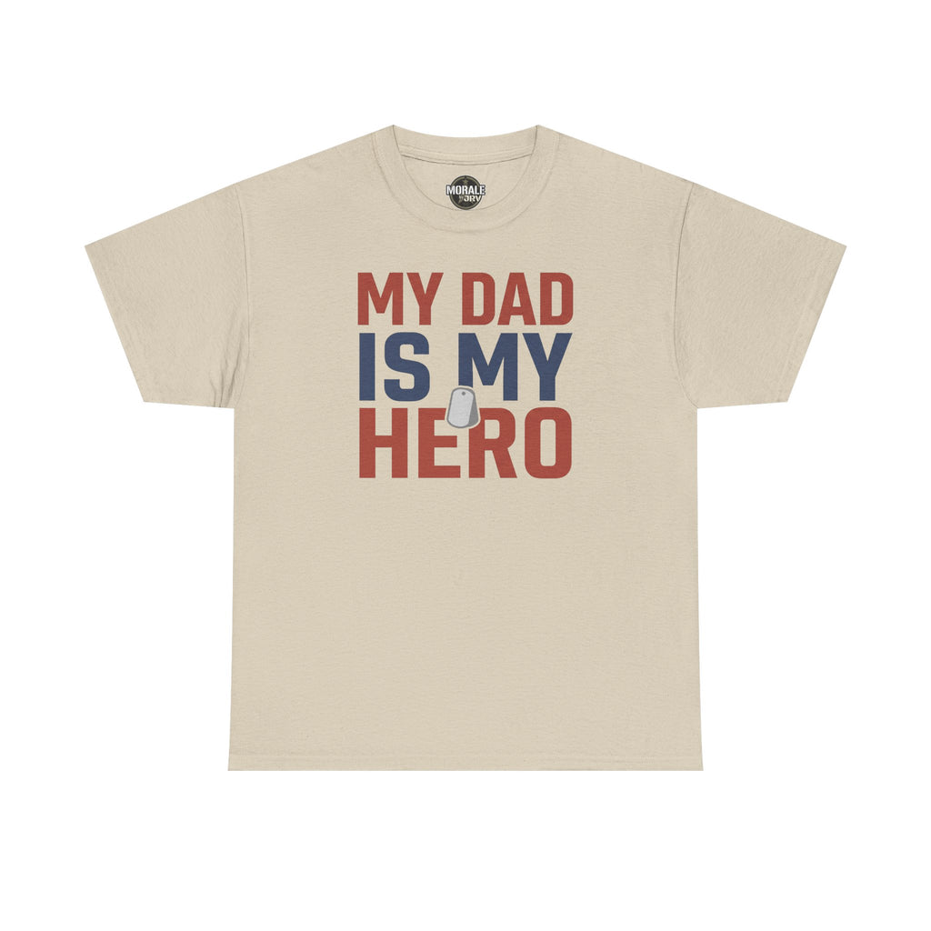 Men's sand graphic T-shirt with 'MY DAD IS MY HERO' text and dog tag icon