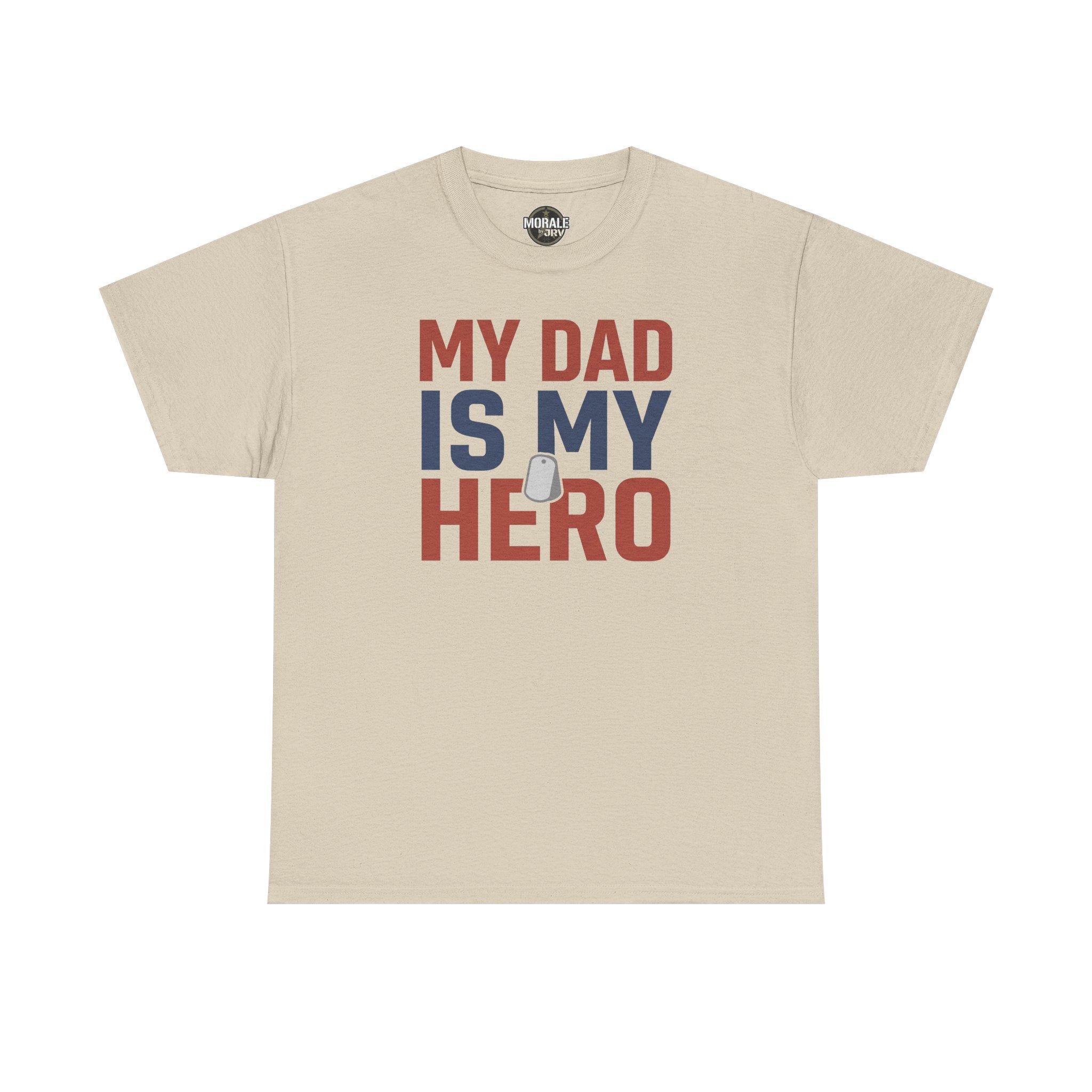 Men's sand graphic T-shirt with 'MY DAD IS MY HERO' text and dog tag icon