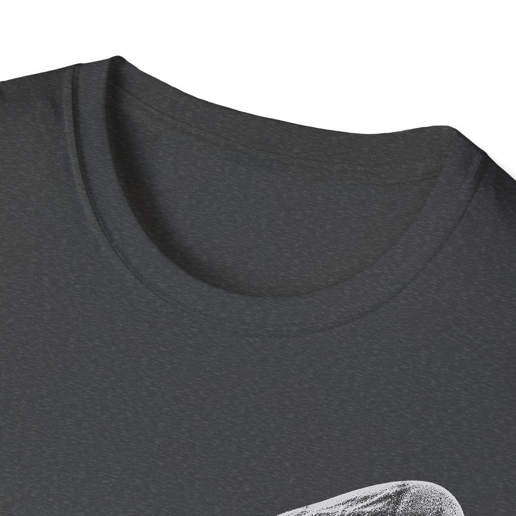 Dark gray crew-neck T-shirt, close-up of collar and neckline