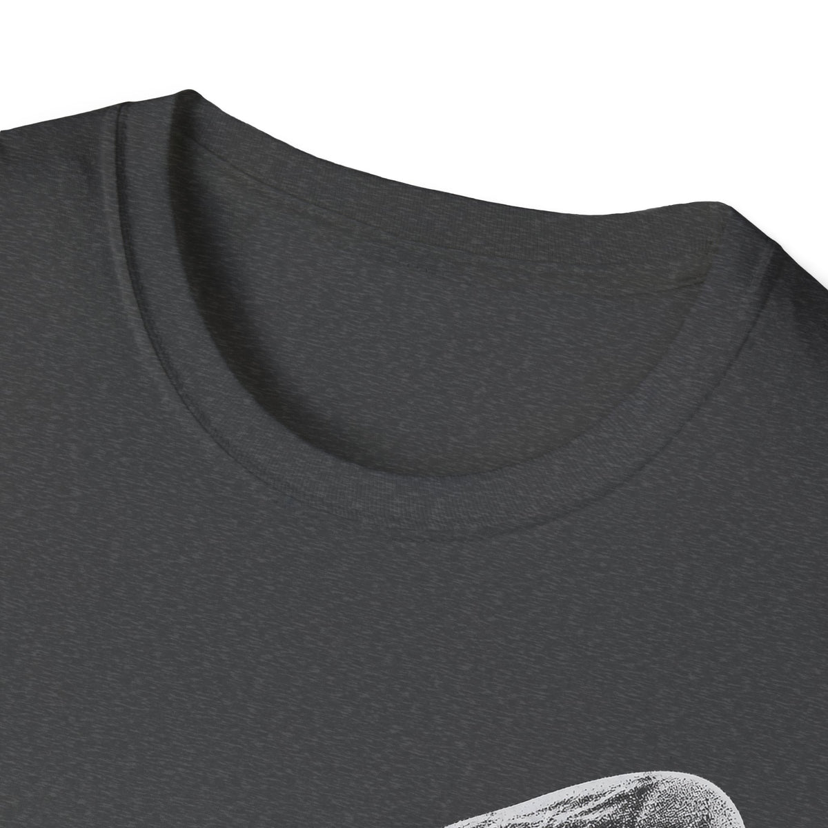 Dark gray crew-neck T-shirt, close-up of collar and neckline