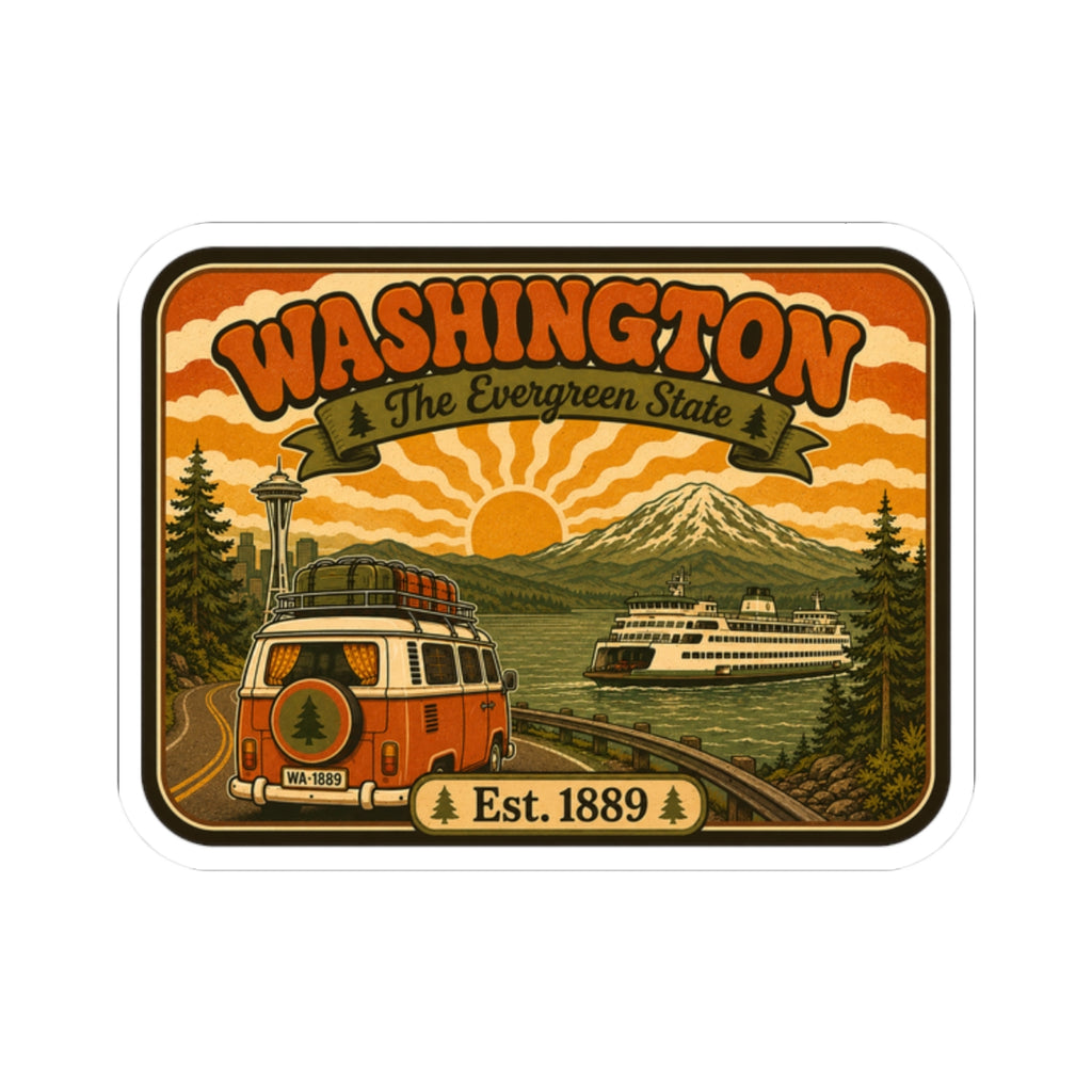 Kiss-cut Washington vintage sticker, rounded rectangle with white border and Est. 1889 label
