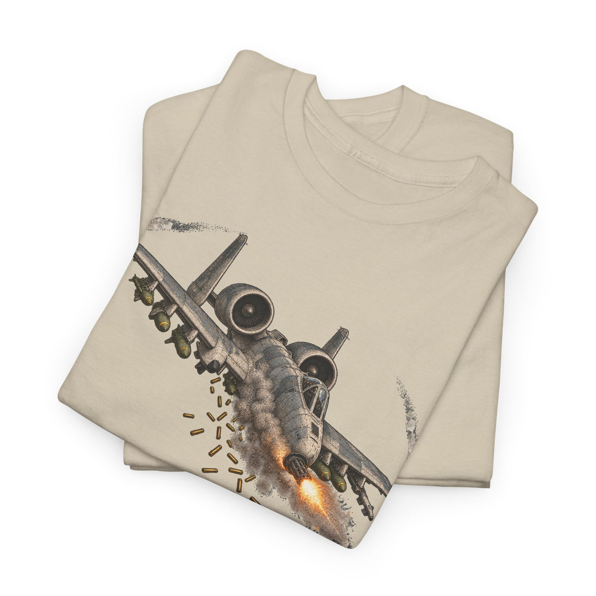 Light beige short-sleeve crewneck T-shirt with large jet attack graphic on front.
