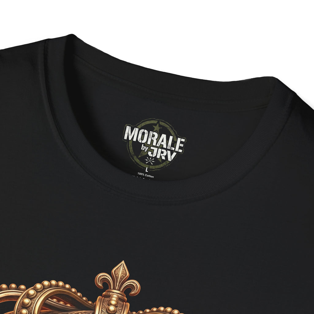 Black T-shirt neckline with small chest tag, top of gold crown print