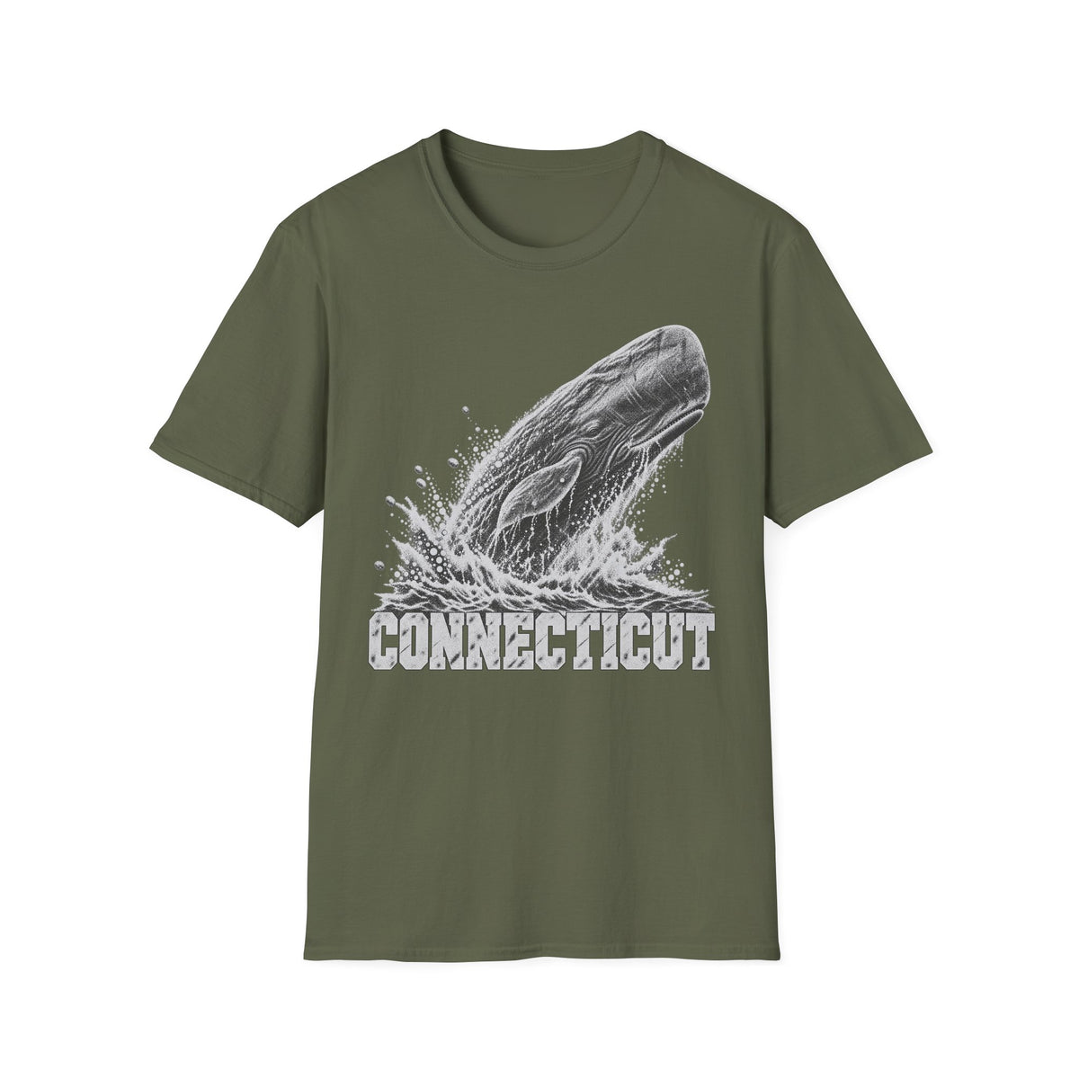 Olive green t-shirt with breaching whale splash graphic and “Connecticut” wordmark