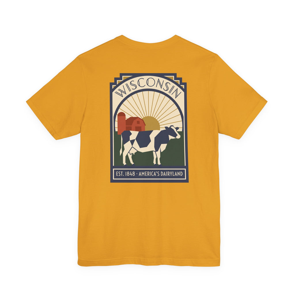 Gold t-shirt with square Wisconsin dairy cow graphic on the front