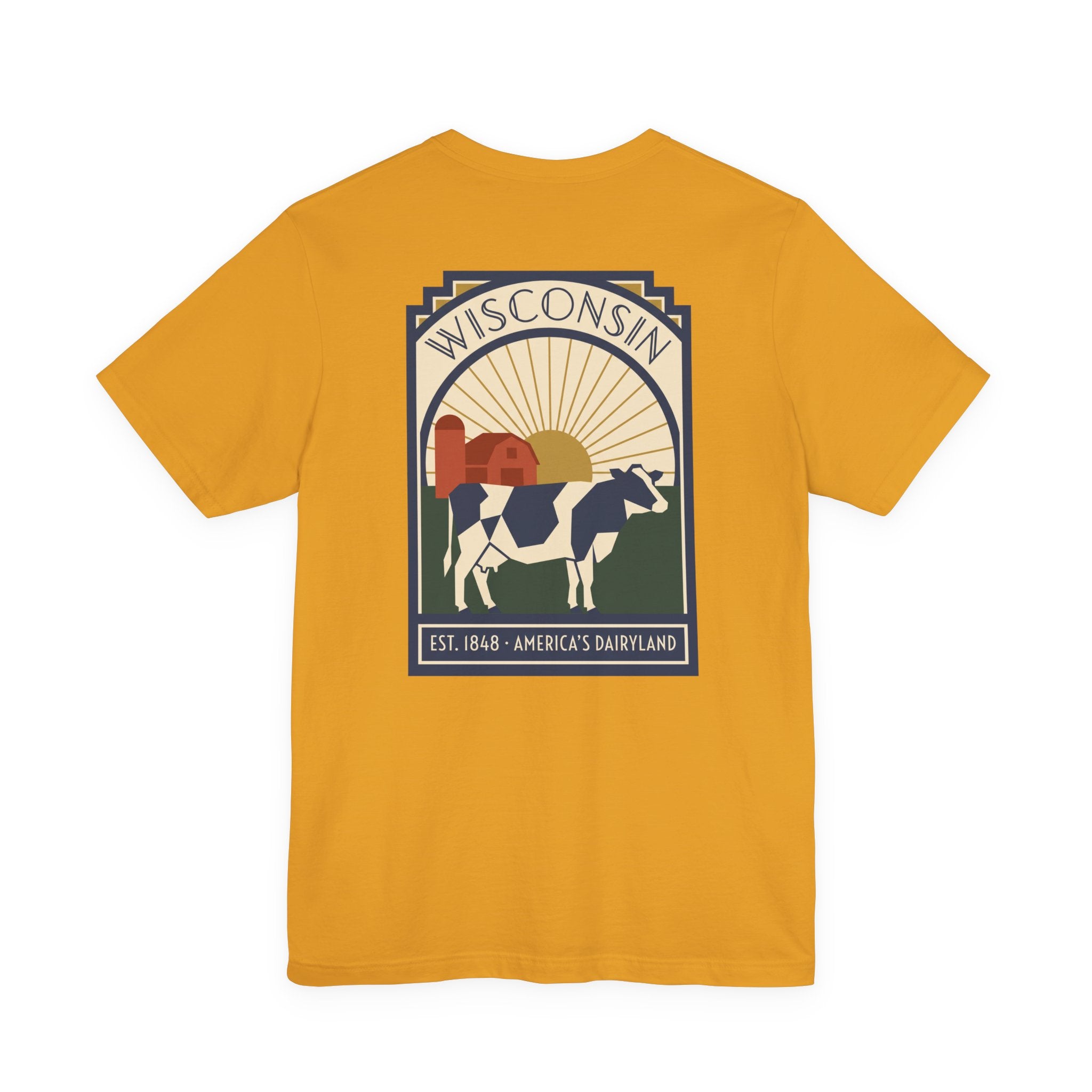 Gold t-shirt with square Wisconsin dairy cow graphic on the front