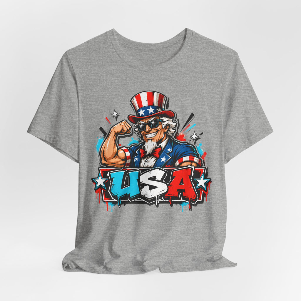 Heathered gray muscle T-shirt with Uncle Sam USA graphic on front