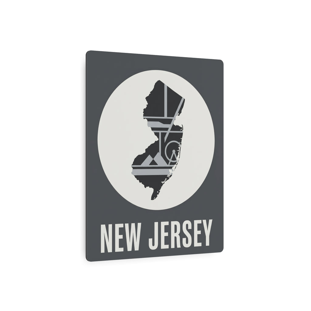 New Jersey metal wall art sign with state silhouette, white circle, 'NEW JERSEY' label