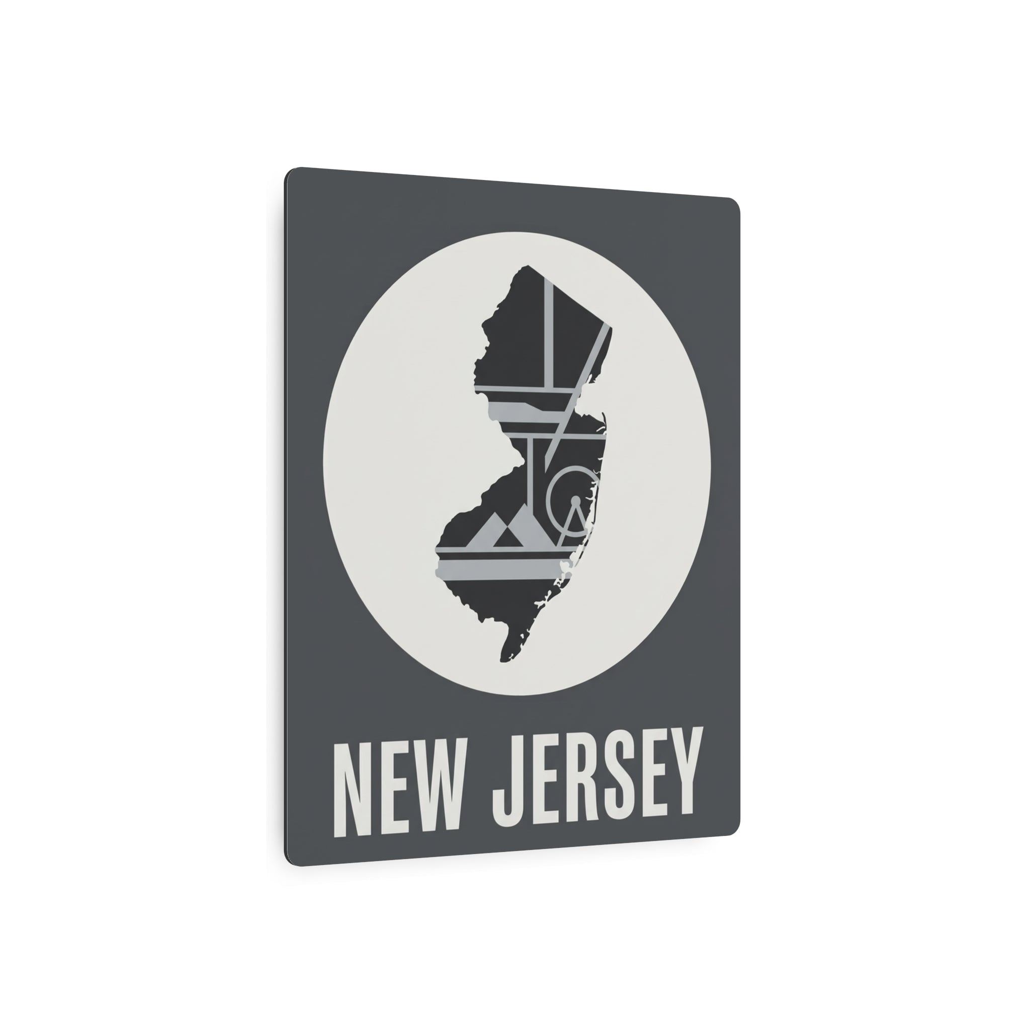 New Jersey metal wall art sign with state silhouette, white circle, 'NEW JERSEY' label
