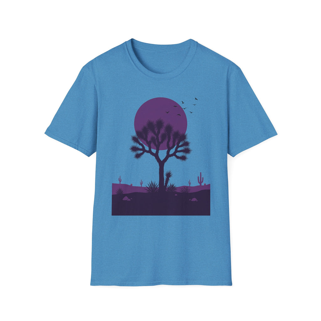 Blue T-shirt with purple moon and Joshua tree desert landscape silhouette graphic