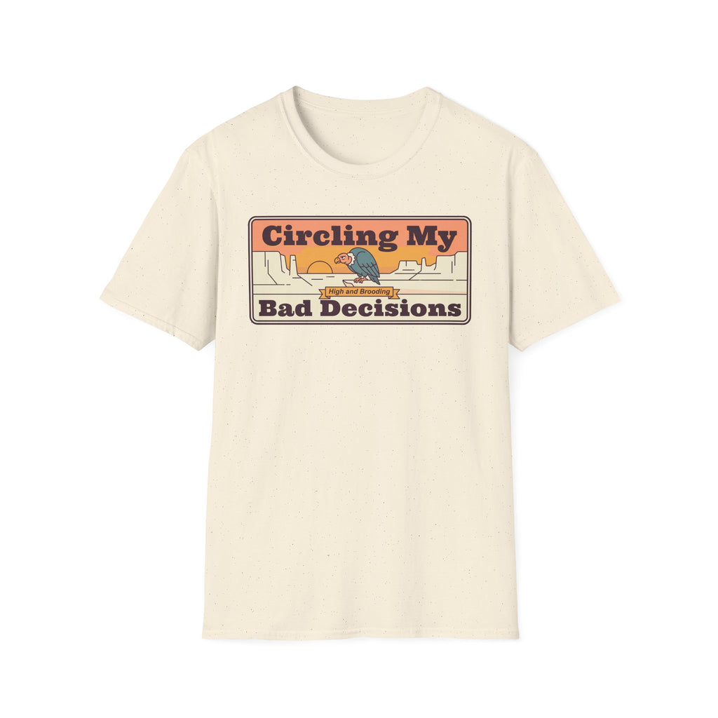 Cream crew-neck T-shirt with centered “Circling My Bad Decisions” graphic