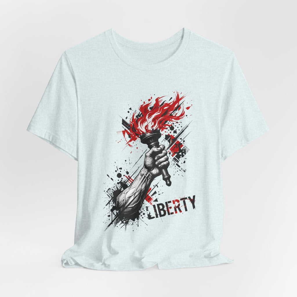 Light blue graphic t-shirt with red flame torch hand and Liberty text print