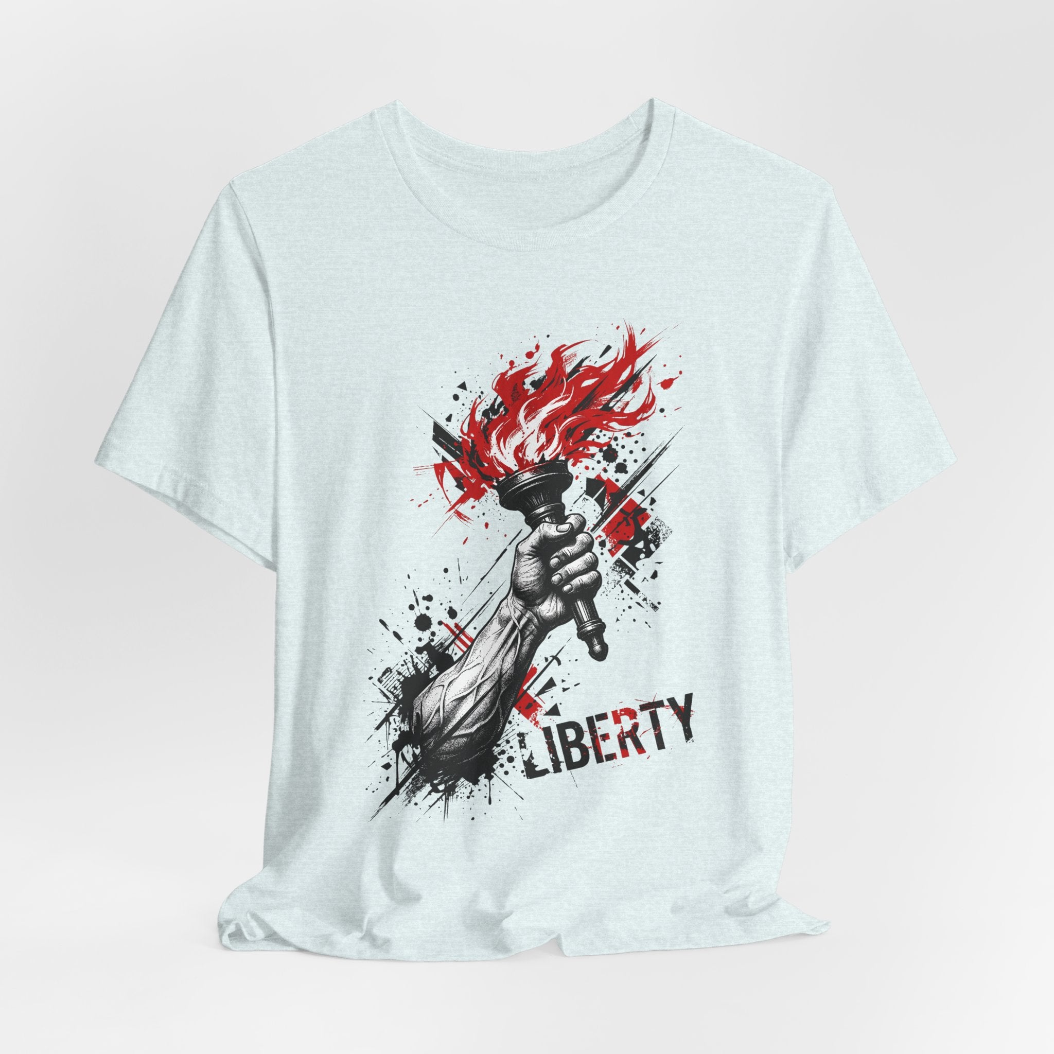 Light blue graphic t-shirt with red flame torch hand and Liberty text print